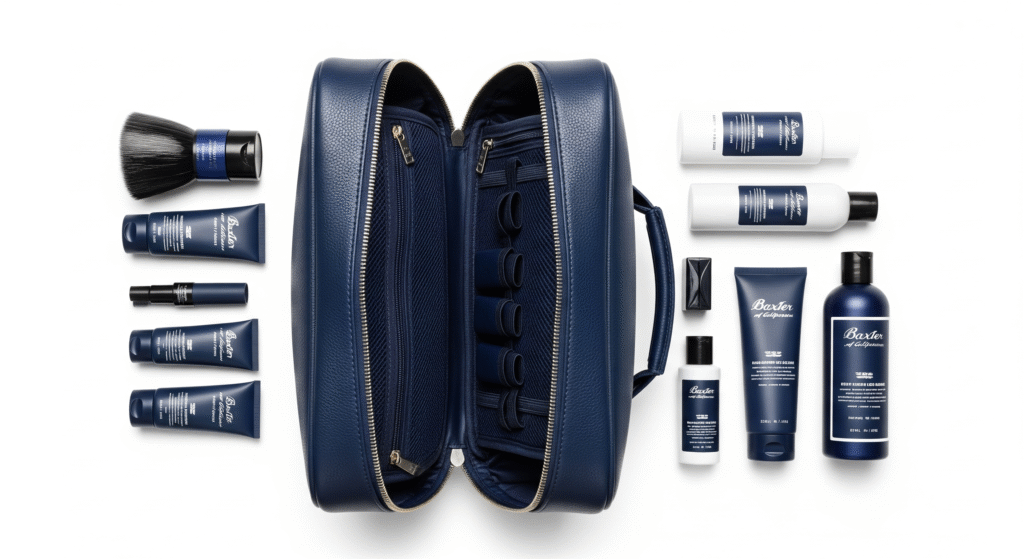 baxter-california-premium-grooming-kit-flat-lay.jpg An overhead flat lay of the premium Baxter of California Ultimate Grooming Kit, showing all products and its high-quality travel bag.