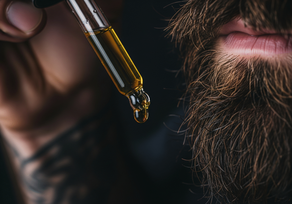 close-up-beard-oil-application-macro.jpg An extreme close-up macro shot of a hand applying a drop of beard oil to a well-groomed beard, highlighting hydration and shine.