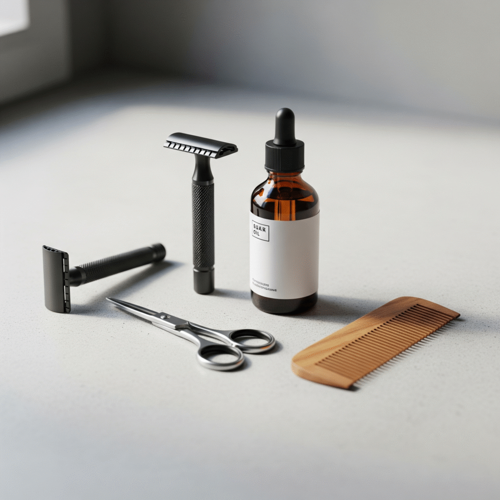 grooming-kit-for-men-essentials.jpg A well-organized grooming kit for men featuring essential tools like razors, scissors, and beard oil.