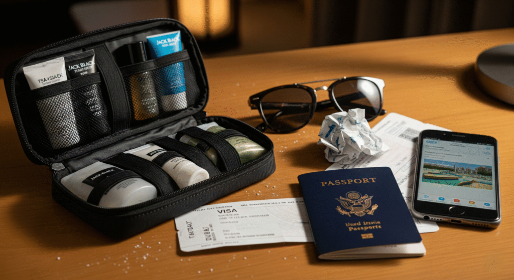 jack-black-travel-grooming-kit-hotel-desk.jpg The Jack Black Supreme Cream Triple C travel grooming kit open on a hotel desk next to a passport and boarding pass