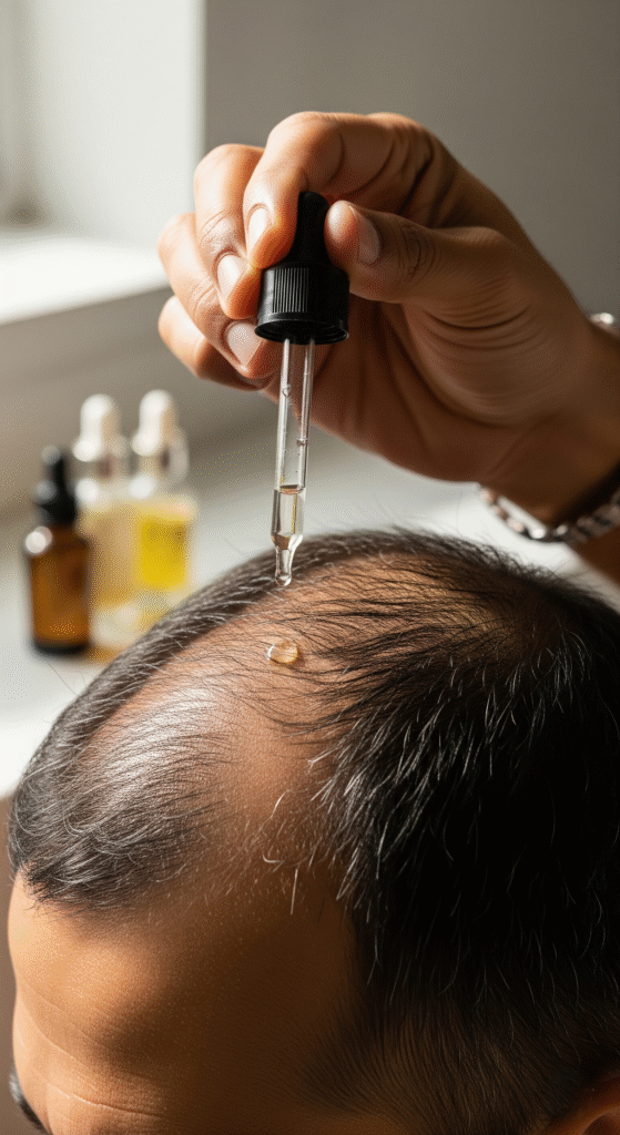 Close-up demonstration of proper hair growth serum application using a dropper directly to the scalp on thinning areas