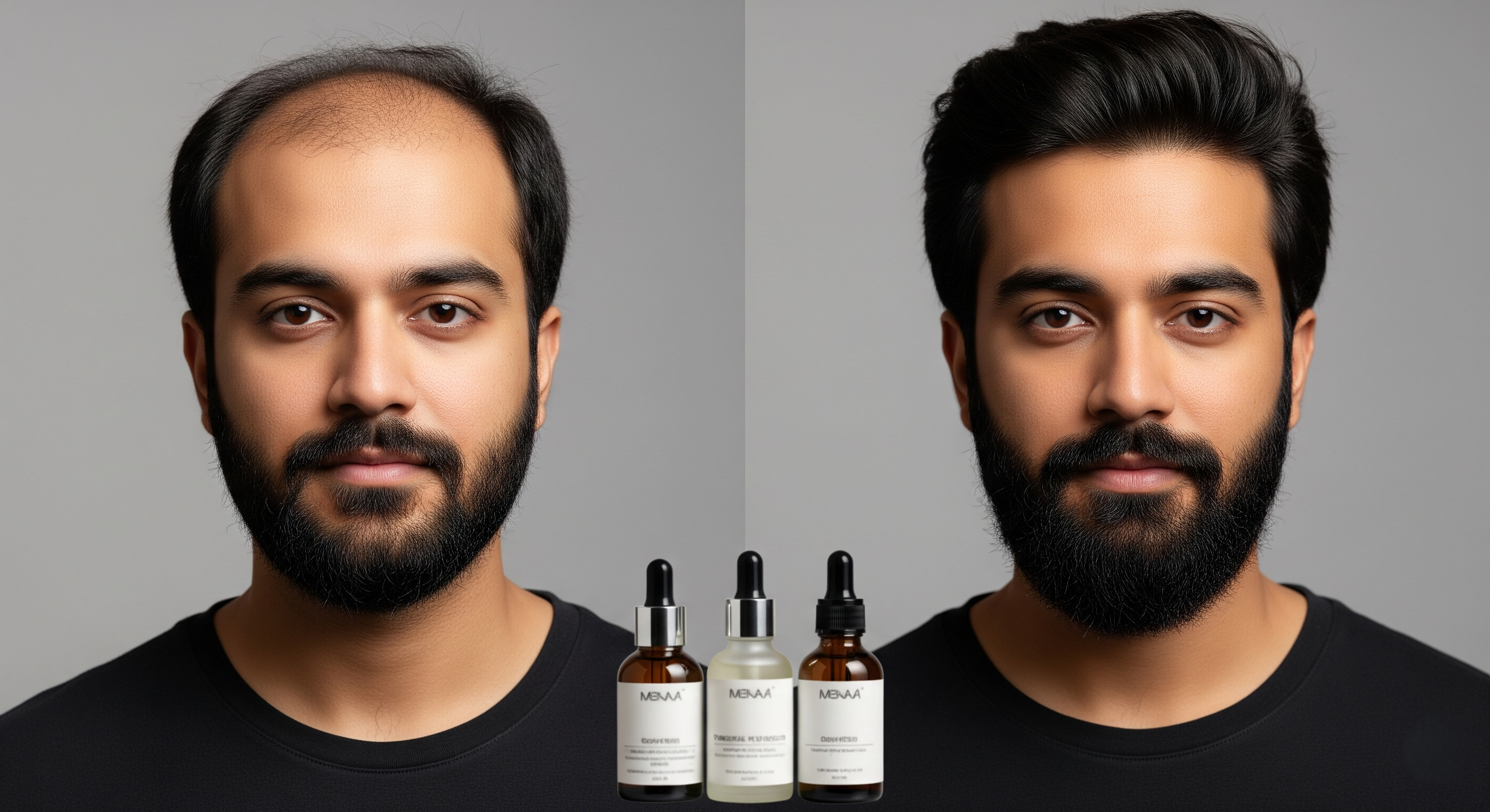 Before and after results of using hair growth serum, showing significant improvement in hair thickness and beard density on an Indian man